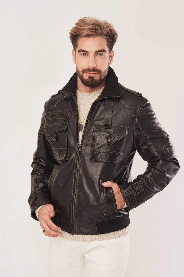Alric - Men's Distressed Black Bomber Leather Jacket