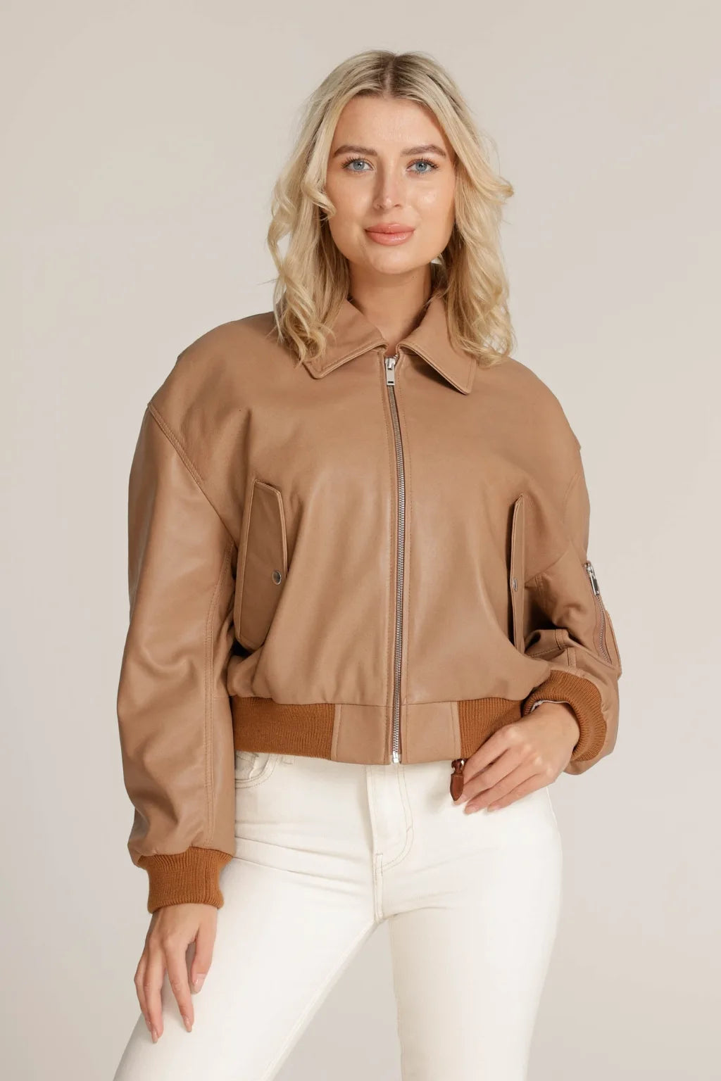 Aurelia - Women's Camel Brown Sheepskin Leather Bomber Jacket