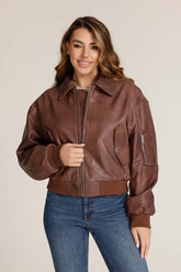 Aurelia - Women's Dark Brown Sheepskin Leather Bomber Jacket