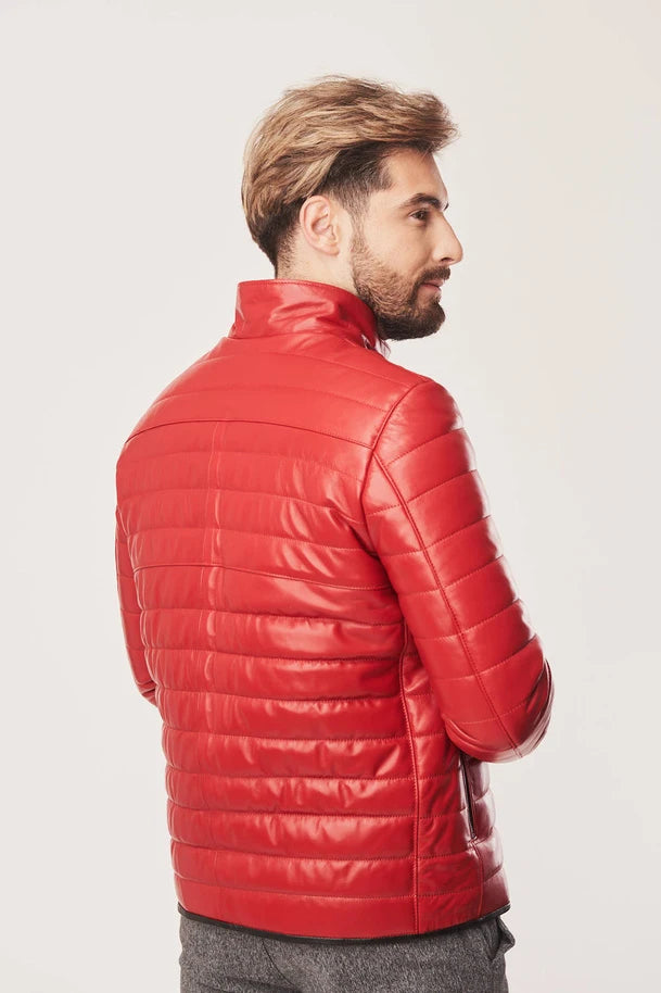 Blaine - Men's Red Leather Puffer Jacket