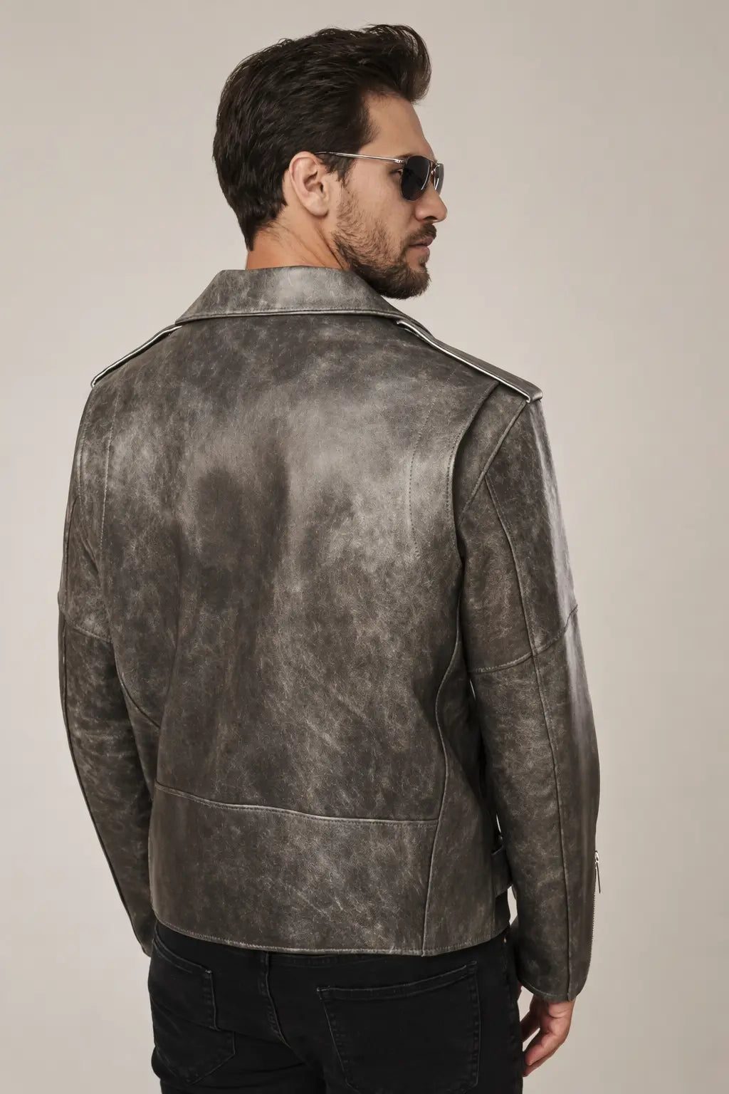 Brax - Men's Gray Leather Biker Jacket