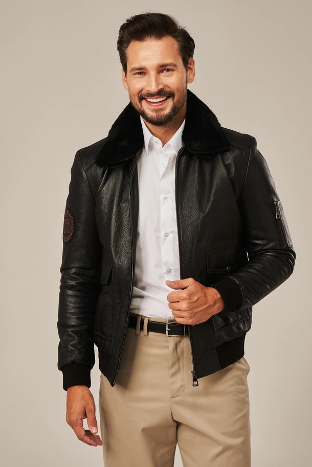 Cayden - Men's Black Bomber Style Flight Leather Jacket