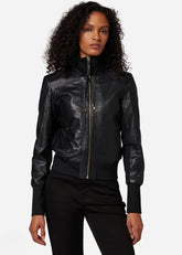Elara - Women’s Black Leather Bomber Jacket
