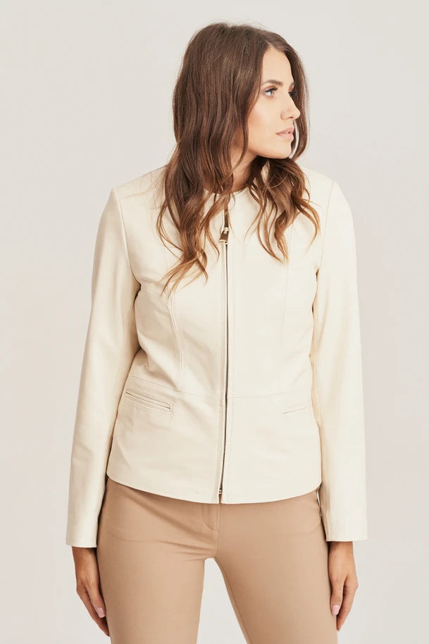 Elthia - Women's Collarless Sheepskin Beige Leather Jacket