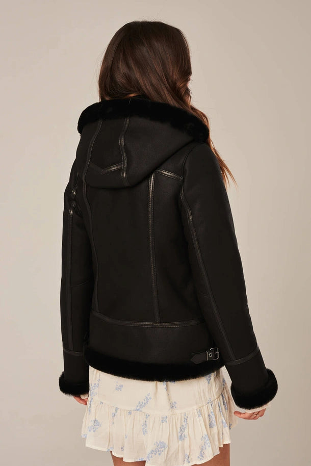 Isla - Women's Black Sheepskin Shearling Aviator Jacket