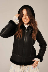 Isla - Women's Black Sheepskin Shearling Aviator Jacket