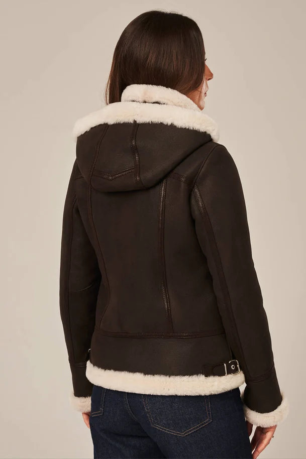 Isla - Women's Dark Brown Shearling Aviator Jacket