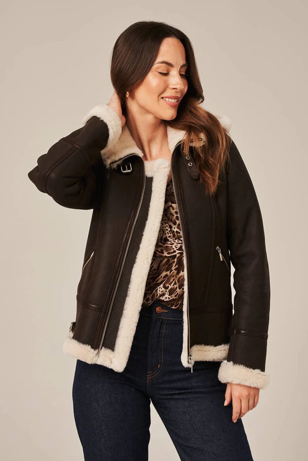 Isla - Women's Dark Brown Shearling Aviator Jacket