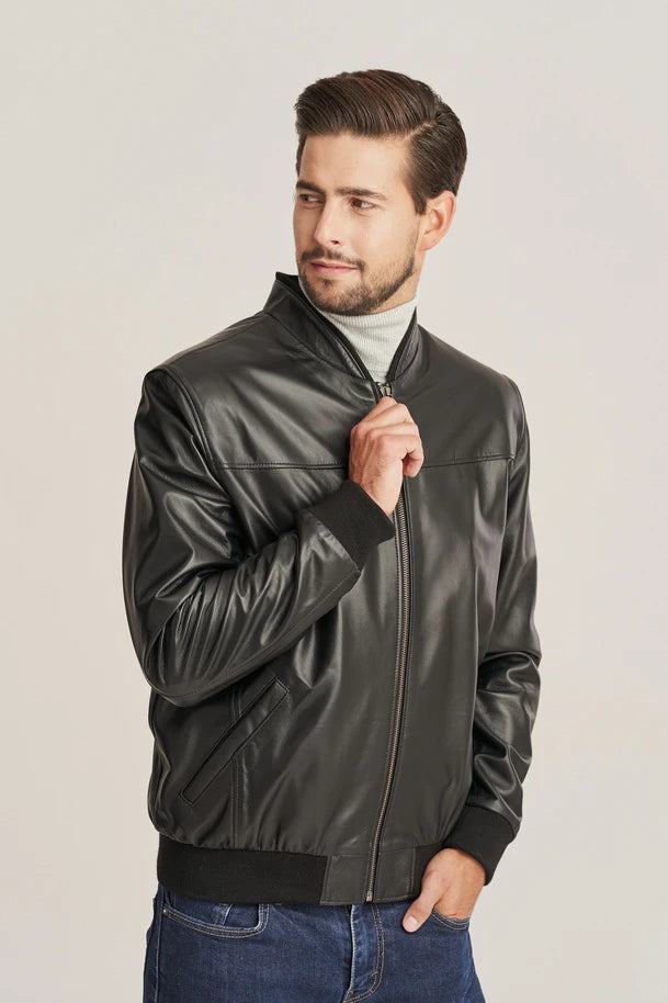 Kellan - Men's Slim Fit Black Leather Bomber Jacket