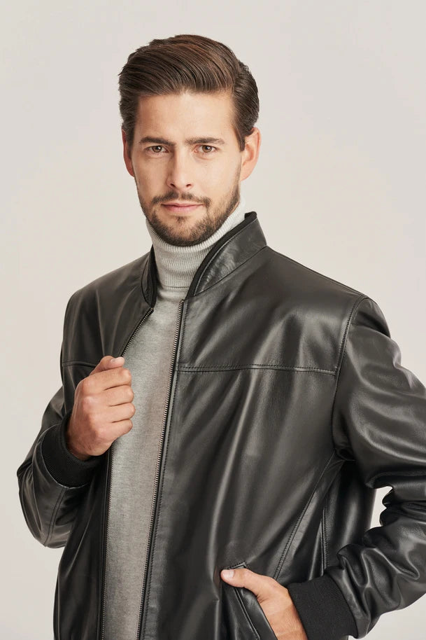 Kellan - Men's Slim Fit Black Leather Bomber Jacket