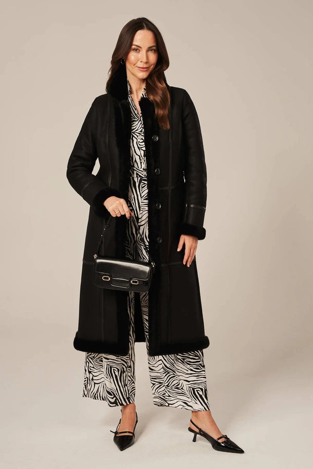 Luneth - Women's Black Long Shearling Leather Coat