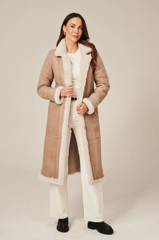 Luneth - Women's Long Beige Shearling Leather Coat