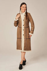 Luneth - Women's Long Dark Beige Shearling Leather Coat
