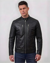 Men Black Motorcycle Leather Jacket With Padded Sleeves
