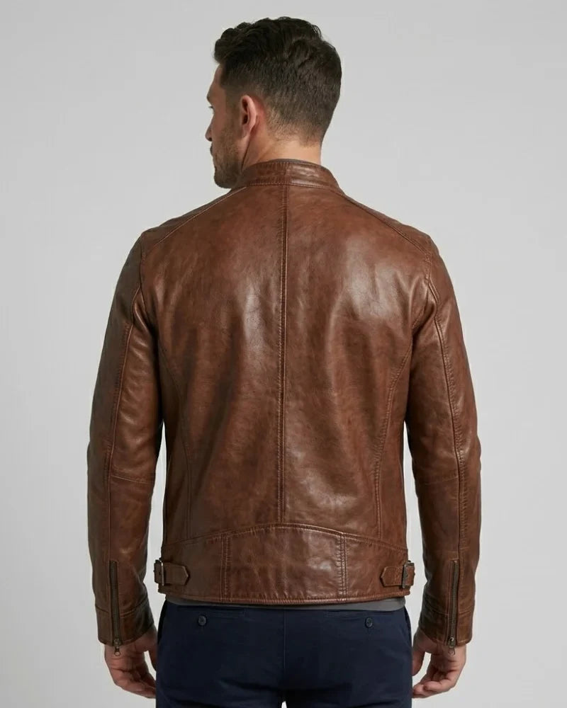 Men's Cognac Brown Cafe Racer Leather Jacket