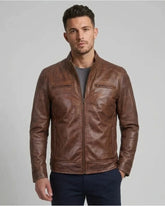 Men's Cognac Brown Cafe Racer Leather Jacket
