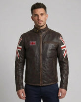 Men's Distressed Brown Moto Leather Jacket With British Flag
