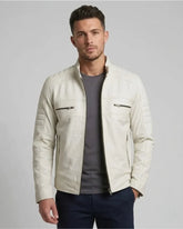 Men's Off White Padded Motorcycle Leather Jacket