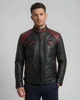 Men's Black and Maroon Quilted Motorcycle Leather Jacket