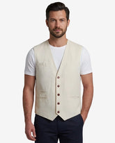 Men's beige cotton utility vest with tailored fit front and back view