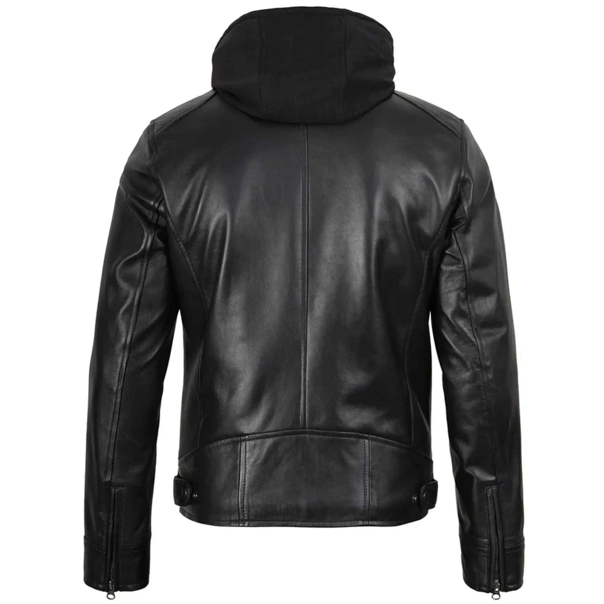 Men's Black Moto Leather Jacket with Removable Hood