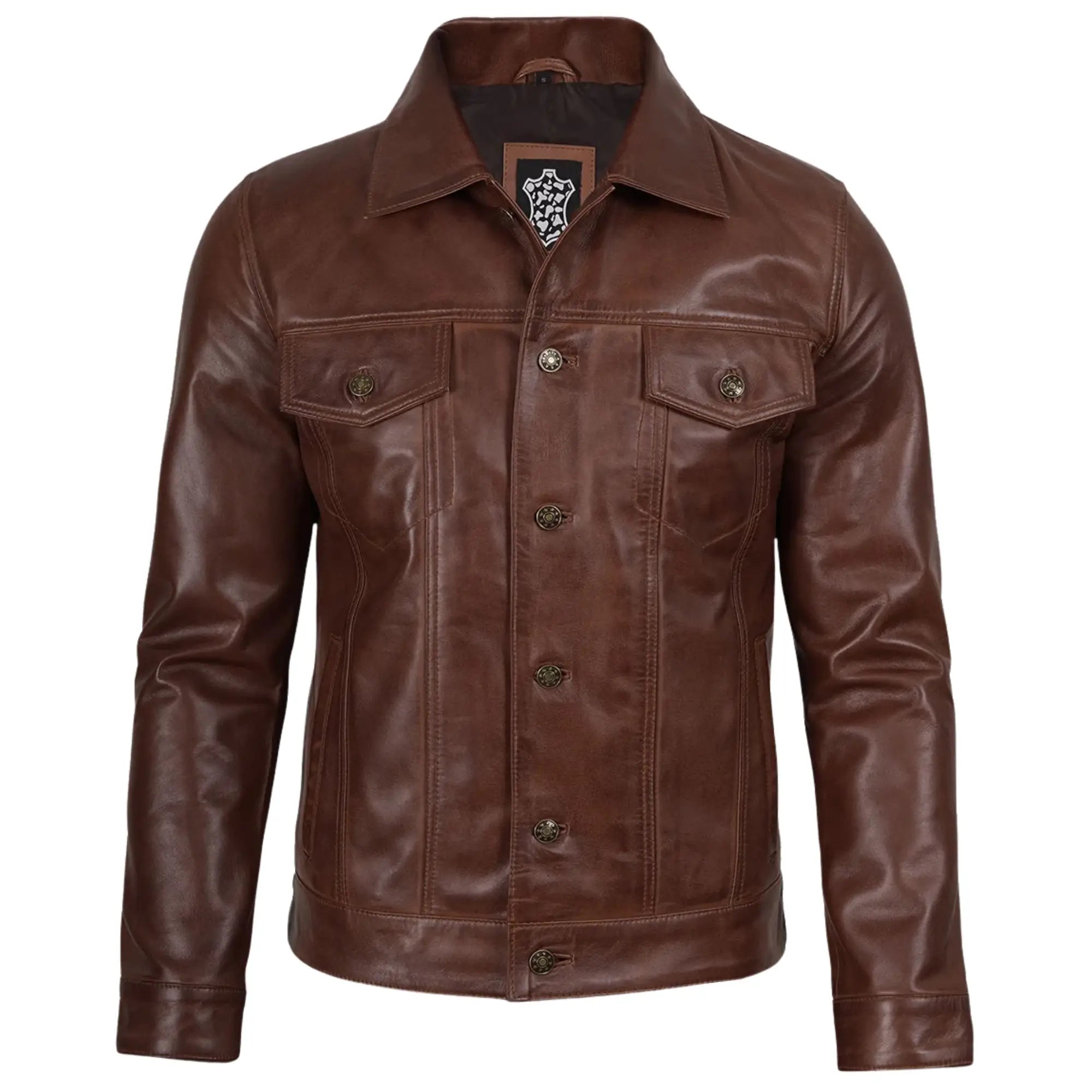 Men's Sheepskin Brown Leather Trucker Jacket