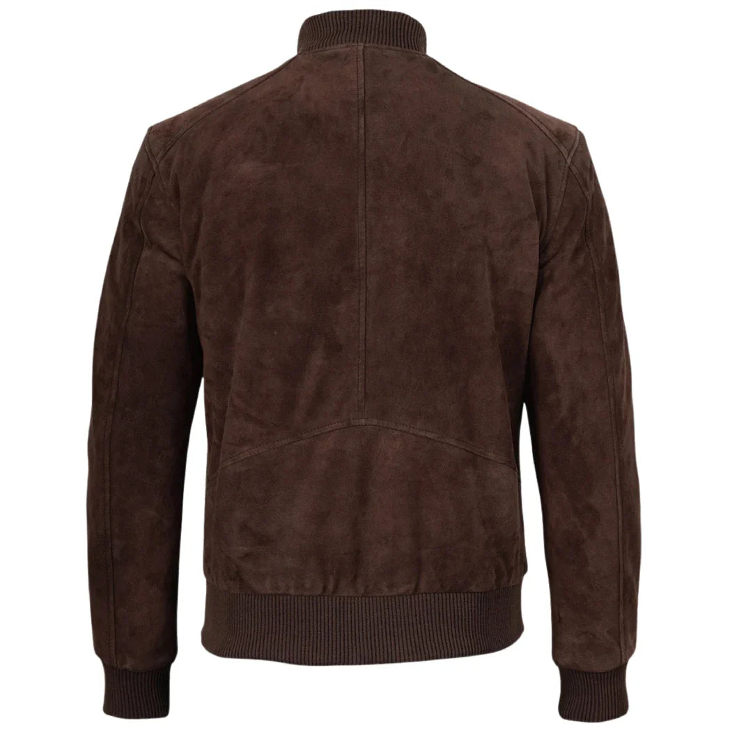 Men's Suede Leather Dark Brown Bomber Jacket
