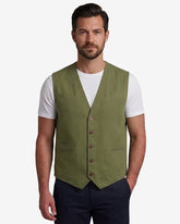 Men's olive green cotton utility vest with multiple pockets front and back view