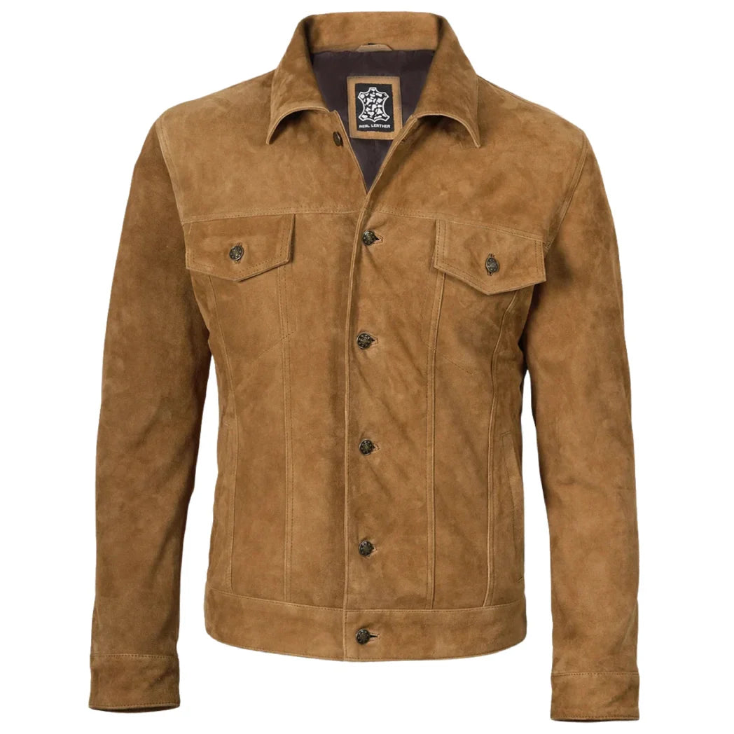 Men's Tan Button Down Real Suede Leather Jacket