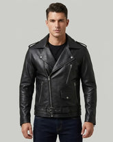 Men's Black Asymmetrical Belted Biker Leather Jacket
