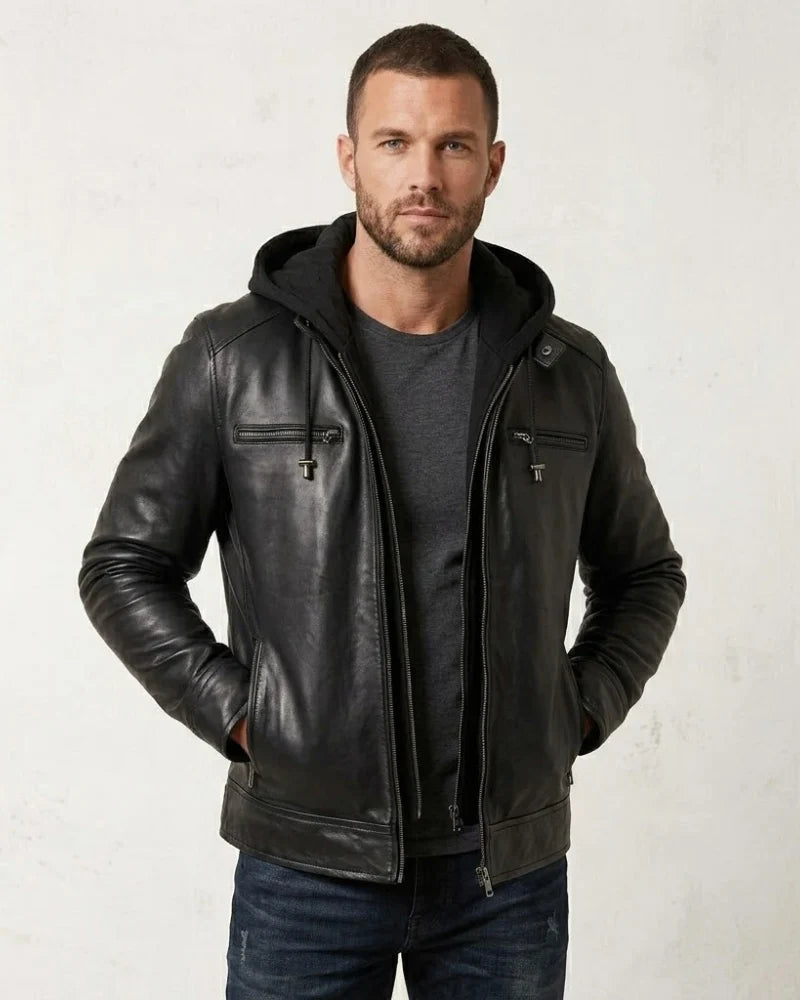 Men's Black Moto Leather Jacket with Removable Hood