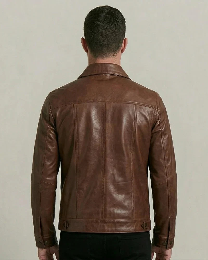 Men's Sheepskin Brown Leather Trucker Jacket