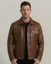 Men's Sheepskin Brown Leather Trucker Jacket