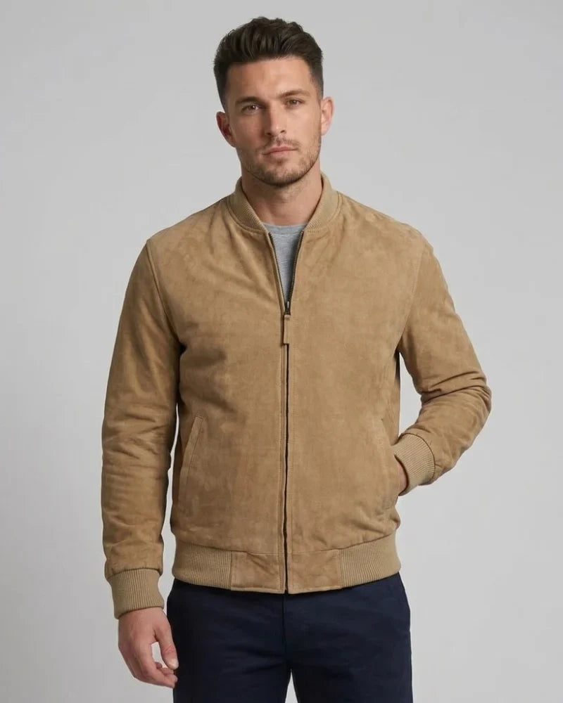 Men's Real Suede Camel Brown Leather Bomber Jacket