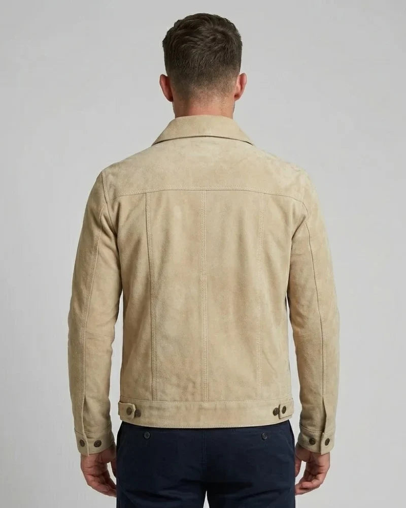 Men's Classic Real Suede Trucker Style Camel Leather Jacket