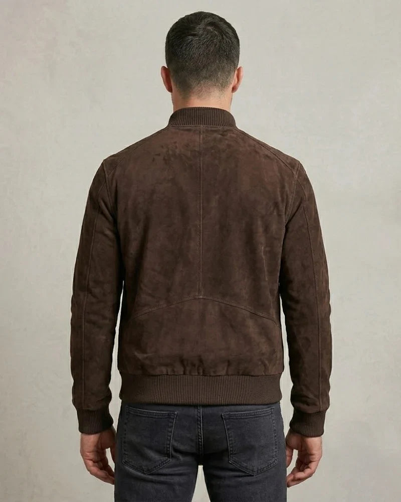 Men's Suede Leather Dark Brown Bomber Jacket