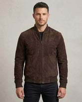Men's Suede Leather Dark Brown Bomber Jacket