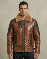 Men's Flight Aviator Real Sheepskin Fur Collar Leather Jacket