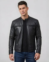 Men's Sheepskin Leather Motorcycle Jacket in Padded Design