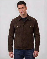 Men's Dark Brown Suede Trucker Style Jacket