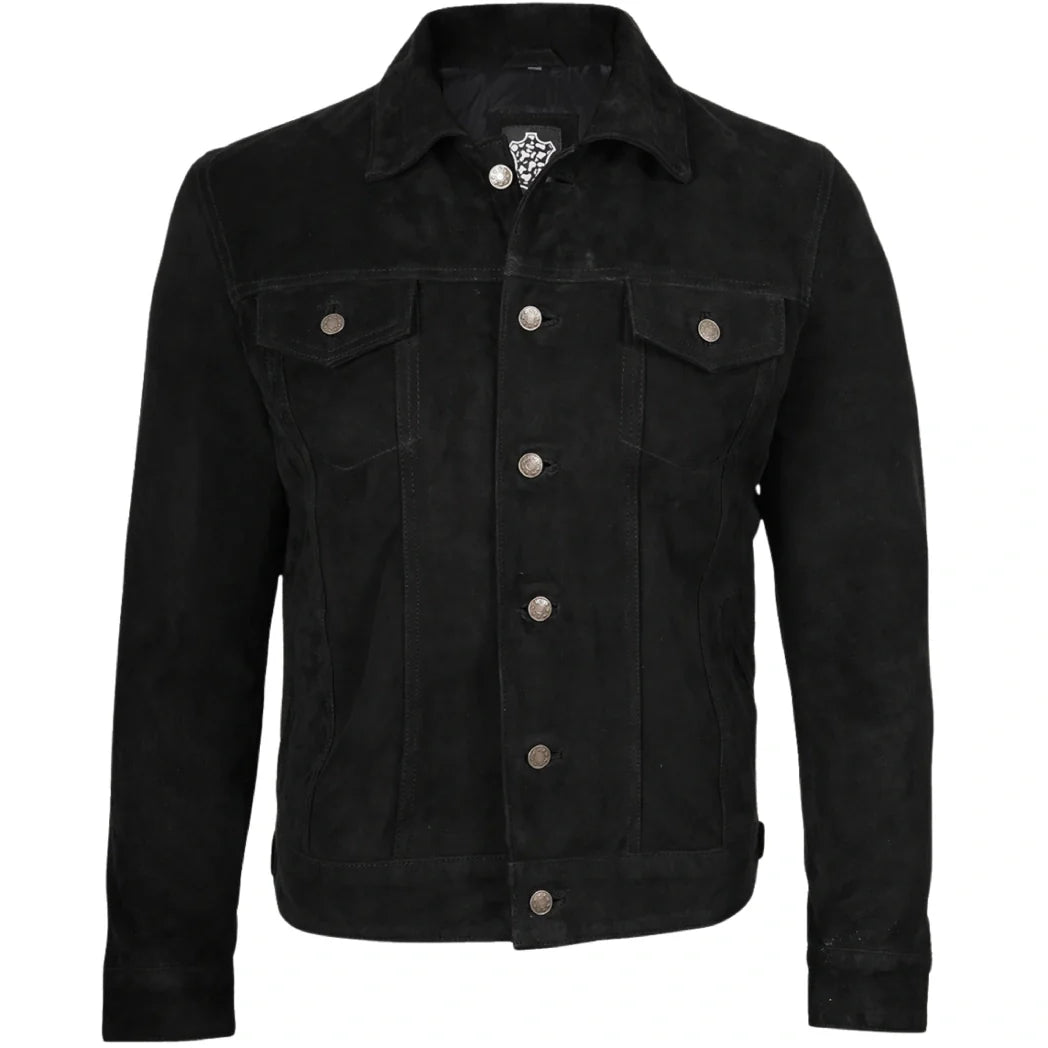 Men's Trucker Premium Black Suede Leather Jacket