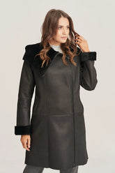 Mirella - Women's Shearling Black Leather Coat with Hood