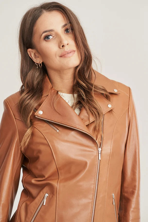 Mirelle - Women's Brown Biker Leather Jacket