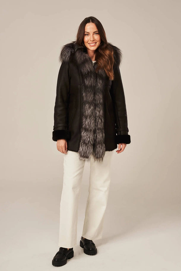 Noira - Women's Black Shearling Coat with Fur Hood
