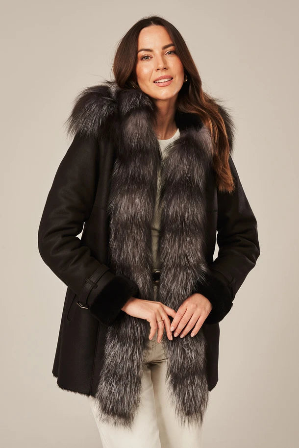 Noira - Women's Black Shearling Coat with Fur Hood