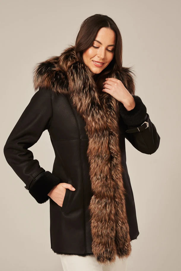 Noira - Women's Shearling Coat with Fur Hood