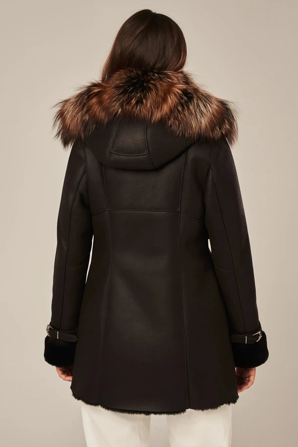 Noira - Women's Shearling Coat with Fur Hood