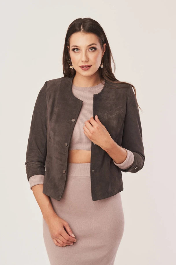 Orelia - Women's Brown Collarless Suede Leather Jacket