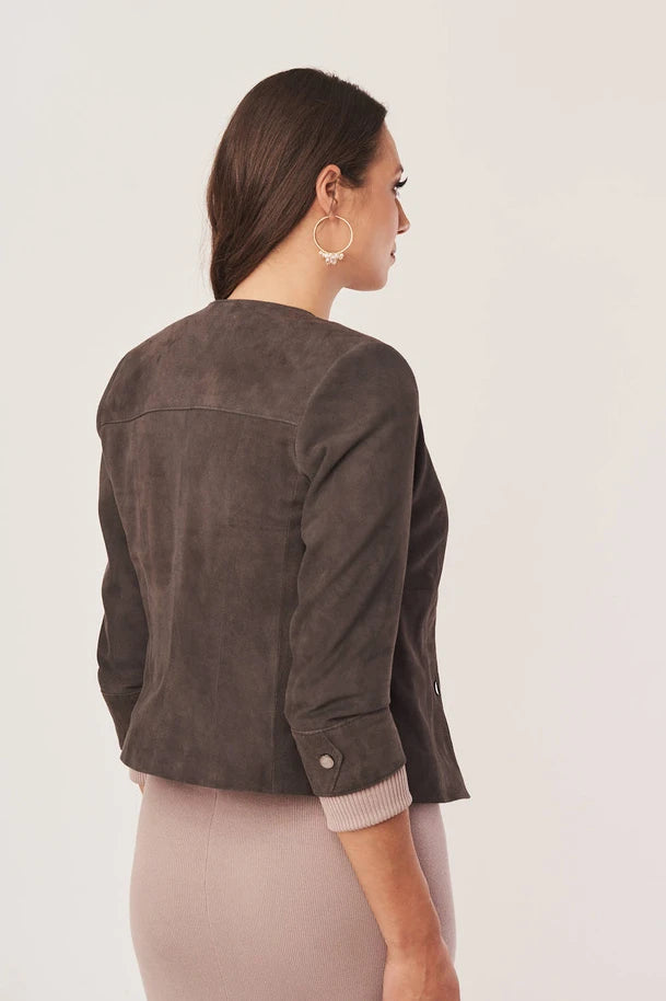Orelia - Women's Brown Collarless Suede Leather Jacket
