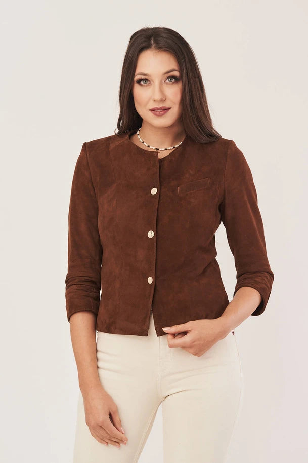 Orelia - Women's Dark Brown Collarless Suede Leather Jacket